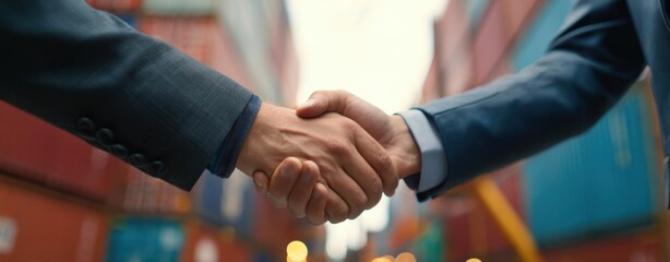 The handshake between business partners in a shipping container environment