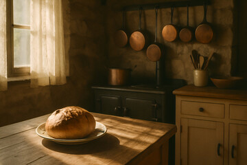A rustic cottage kitchen with fresh baked bread on wooden table, vintage aesthetic cottage core vibe
