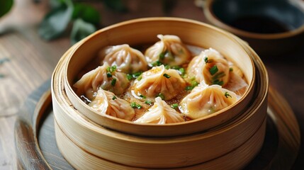 Steaming dumplings in bamboo steamer, garnished with scallions, Asian cuisine