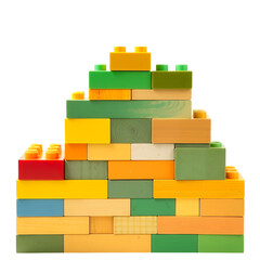 Fototapeta premium A colorful tower built from building blocks showcasing various shapes and sizes isolated on transparent background