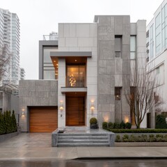 Modern, light-gray stone facade house on city street