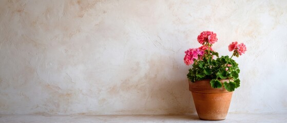 The vibrant geranium in a rustic pot against a textured wall.