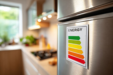 Energy efficiency label displayed on stainless steel fridge in modern kitchen