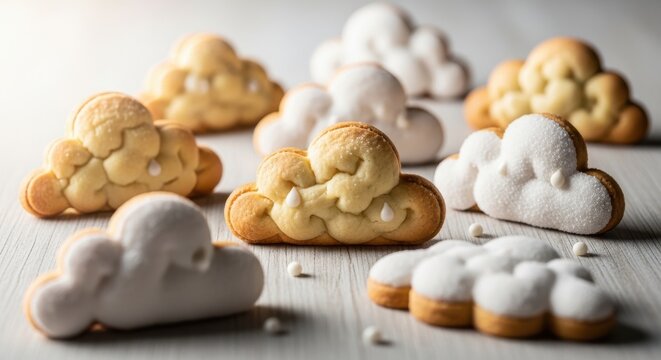Cloud shaped cookies with white icing and golden baked dough
