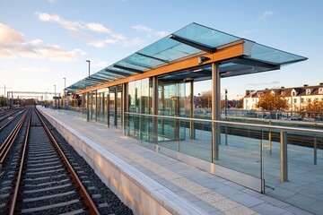 Modern train station platform with glass structure and sunset sky in urban setting