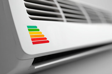 Modern air conditioning unit showing energy efficiency indicator in residential setting