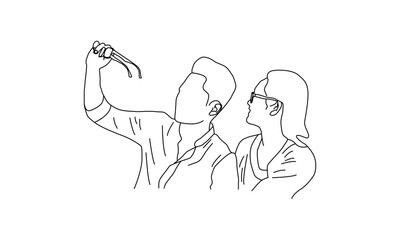 Two People Taking a Selfie – Minimalist Line Drawing Illustration