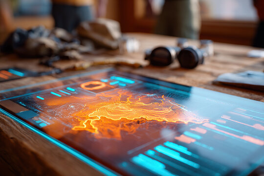 Interactive holographic display showcases topographic map in a modern workspace