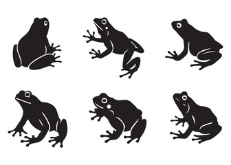 Six Black Frog Silhouettes:  Various Poses, Simple Style, Clean Background, Vector Illustration.