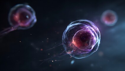 Abstract glowing cells, vibrant colors, dark background