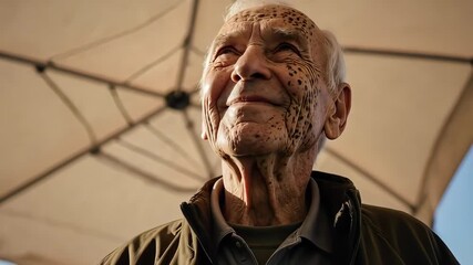 Smiling Elderly Man with Age Spots Looking Up Under Outdoor Umbrella in Sunlight