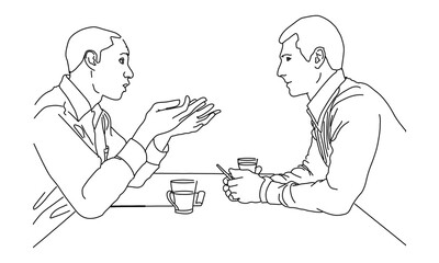 Minimalist Line Art of Two People Talking Over Coffee – Conversation and Connection Illustration