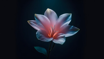 A cinematic close-up of a large, delicate purple flower with soft petals and intricate details, set against a deep black background, captured with dramatic high-contrast lighting and shallow depth of 