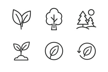 Minimalist nature icons: leaf, tree, forest, growth, environment, sustainability