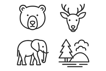 Obraz premium Outlined animal icons: bear, deer, elephant, landscape illustrations