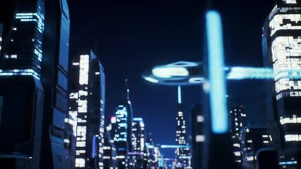 Futuristic metropolis with a flying transport vehicle and neon lights - Powered by Adobe
