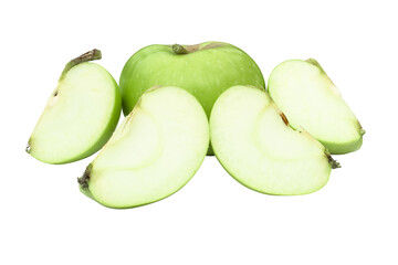 Green whole apple and slices, fresh and ready to eat. Isolation on a transparent background.