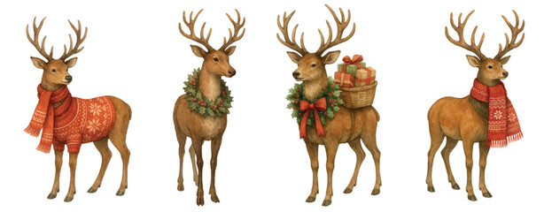 Vector watercolor Christmas reindeer in red scarves, patterned sweaters, festive wreaths freehand set.  For holiday xmas watercolour cards, seasonal decor, cozy winter illustrations with deer.
