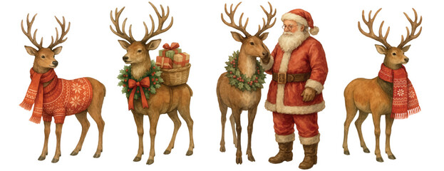 Vector freehand watercolor set of Christmas reindeer in red scarves, patterned sweaters, festive wreaths. For holiday xmas watercolour cards, seasonal decor, cozy winter illustrations with deer. © Julia