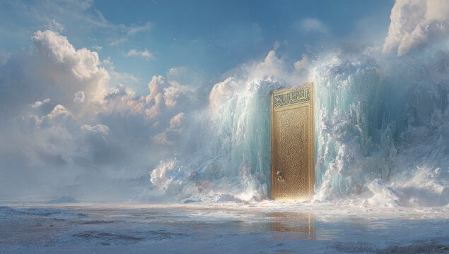 Golden gate hidden by ice, ethereal landscape