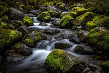 Cascading stream, mossy rocks