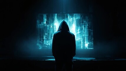 Mysterious Observer in Cyber World: A person in a hooded silhouette stands before a digital display, emanating an aura of mystery and anticipation. - Powered by Adobe