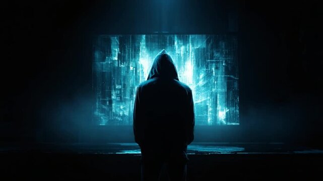 Mysterious Observer in Cyber World: A person in a hooded silhouette stands before a digital display, emanating an aura of mystery and anticipation.