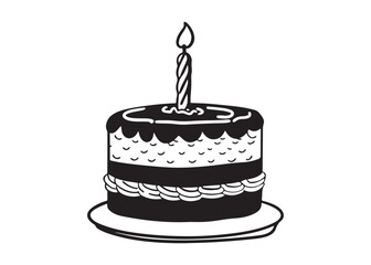 Hand-drawn Black and White Birthday Cake with Single Candle: Festive, Simple, Celebratory Design.