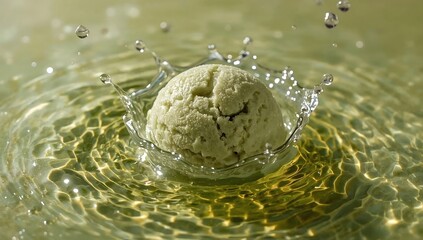 Green textured sphere emerging from rippling water with splashes