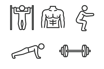 Fitness icons: pull-up, abs, squat, push-up, barbell for exercise inspiration