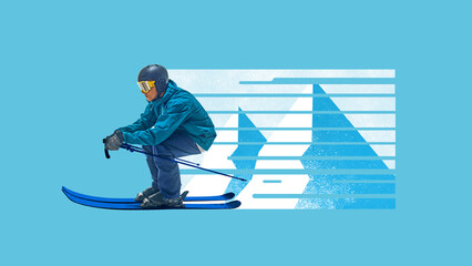 Modern collage of skier in blue racing downhill with stylized mountain stripe graphic. Concept of winter competition, leadership drive, seasonal holiday thrill, business achievement.