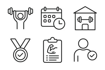 Fitness icons: weightlifting, schedule, gym, achievement, progress, healthy lifestyle