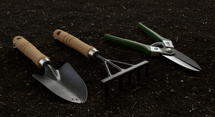 Gardening tools, including a trowel, rake, and shears, resting on dark soil.