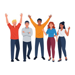 Obraz premium Celebrating the Success: A diverse team of people celebrates their triumph, hands raised in the air, with smiles. The energy of joy and teamwork is on display.