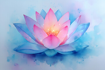 Delicate watercolor painting of a glowing lotus flower emerging from soft blue and pink washes, symbolizing enlightenment, purity, and mental peace, artistic mental health design for mindfulness
