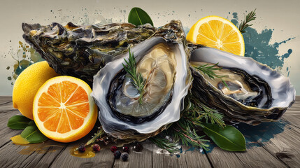 Oyster tasting banner, poster, or party flyer. A banner with space for text. Vector sketch illustration of fresh oysters and lemon. Perfect for seafood restaurant menus, packaging design, or event pro
