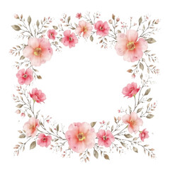 Delicate watercolor floral wreath with soft pink and peach blossoms and greenery isolated on transparent background