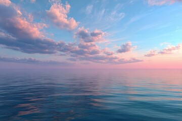 Peaceful ocean sunset sky, calm sea, tranquil landscape, background for serenity
