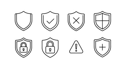 Set of minimal shield icons with security symbols in black outline style
