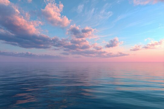Peaceful ocean sunset sky, calm sea, tranquil landscape, background for serenity