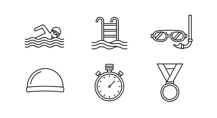 Minimalist swimming icons set featuring pool, goggles, stopwatch, and medal