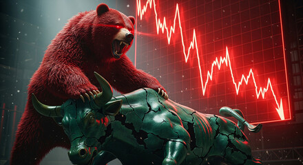A powerful red bear with glowing eyes dominates a cracked bull, symbolizing a bear market overwhelming the bull market, set against a falling red stock chart.