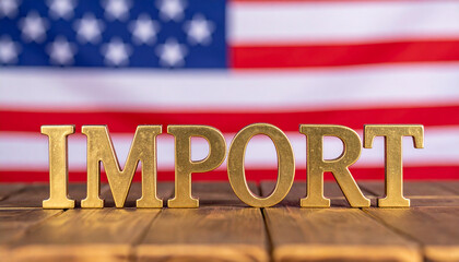 Golden word IMPORT in front of blurred American US flag. Trade and economics. Economic policy