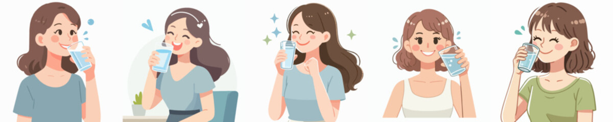 vector of a woman drinking a glass of water