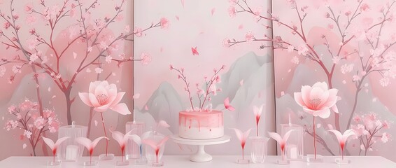 Pink watercolor cake on a white stand surrounded by cherry blossom branches, lotus flowers, and pink dessert decorations.