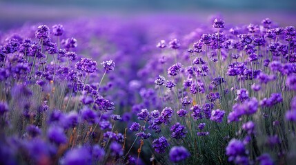 Vibrant lavender field in full bloom, creating a serene and calming atmosphere.