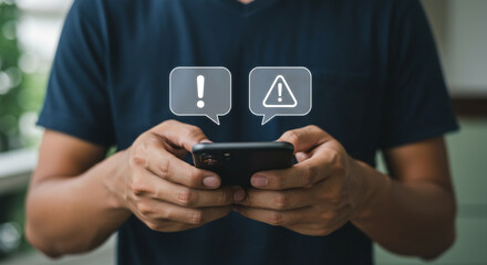Person receiving important notifications and alerts on their mobile phone, close up view of hands holding smartphone