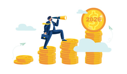 Business finance 2026, happy holiday. Businessman looks through binoculars, rises up stacks of growth of golden dollar coins. Economy for the new year 2026 numbers. Capital, people Vector illustration