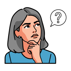 Pensive Pose: A graphic illustration portrays a thoughtful woman, her gaze fixed upwards, a question mark balloon hovering nearby, inviting contemplation and query.