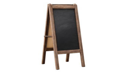 Chalkboard message stand for indoor café signage — freestanding wooden menu board, modern décor, front view, isolated on transparent background cutout; ideal for coffee shop promotions